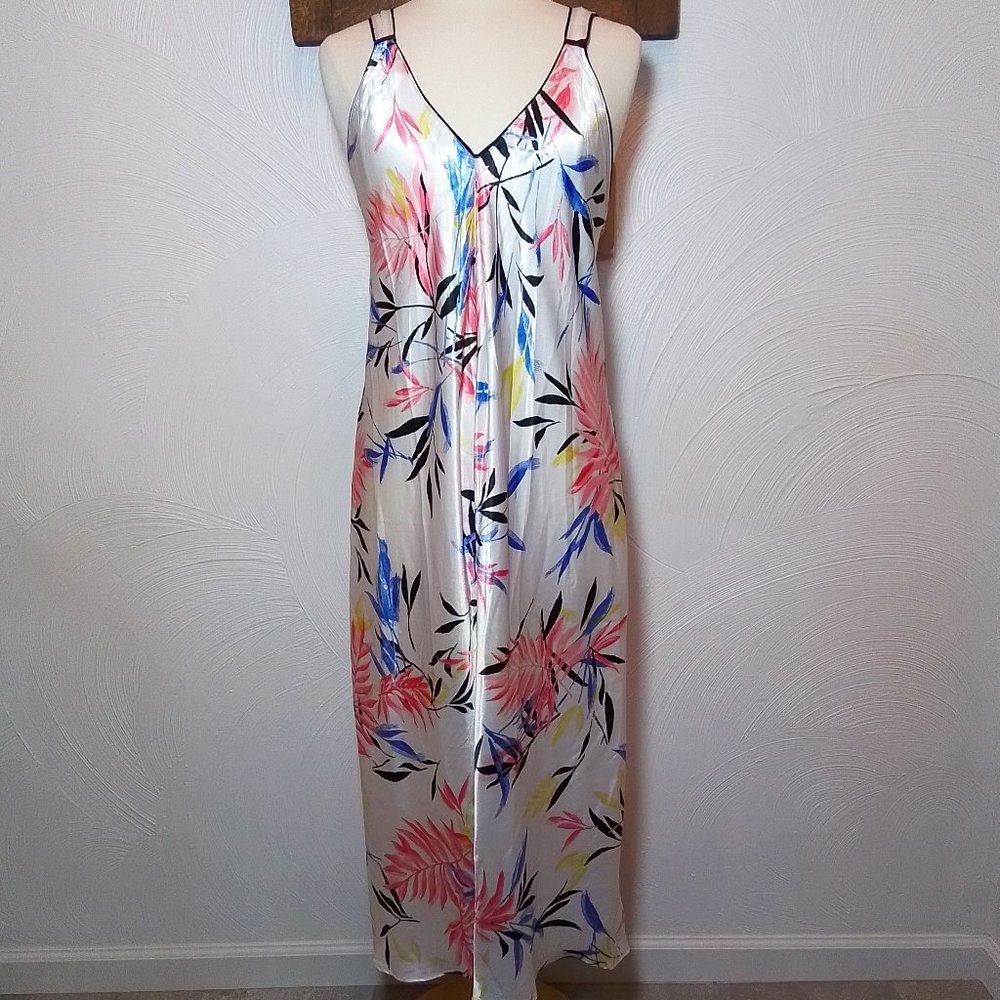 Oscar de la Renta Satin Nightgown Tropical Floral Full Maxi Length Size M